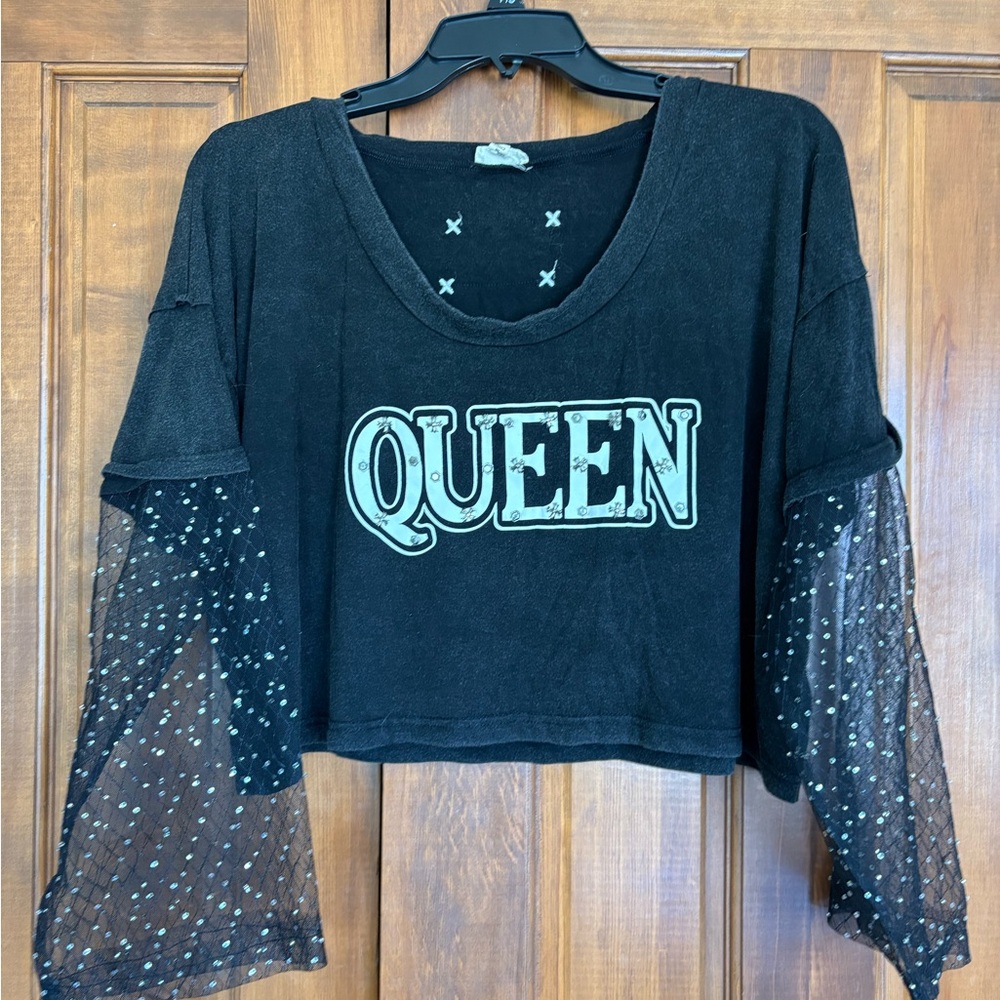 POL Black Sheer Sleeve Crop Top